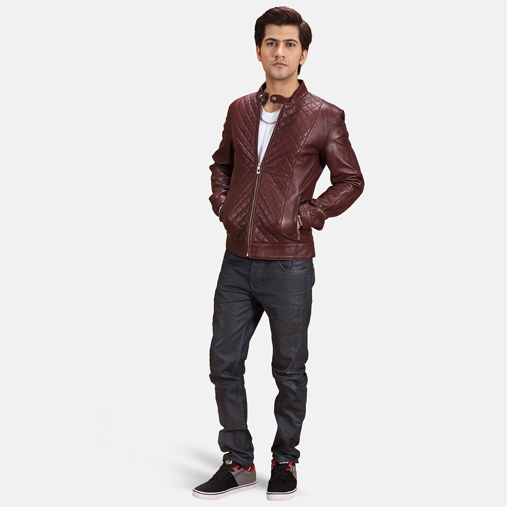 Rumano Jae Bordeaux Veste Motard en Cuir pour Homme - Vue de profil avec coupe de manche ergonomique