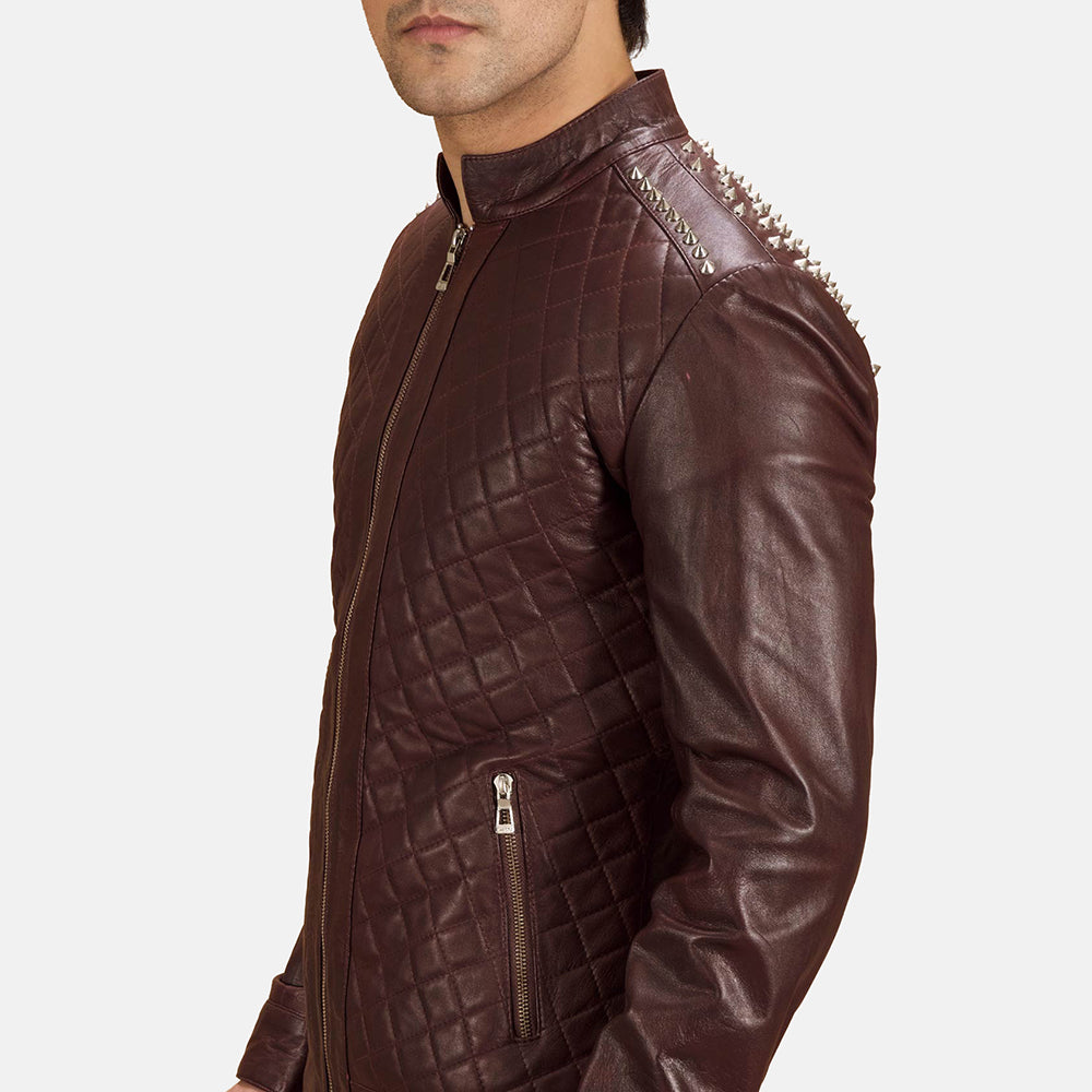 Vue détaillée of Band &amp; Zipper Hardware on Rumano Jae Bordeaux Veste Motard en Cuir pour Homme