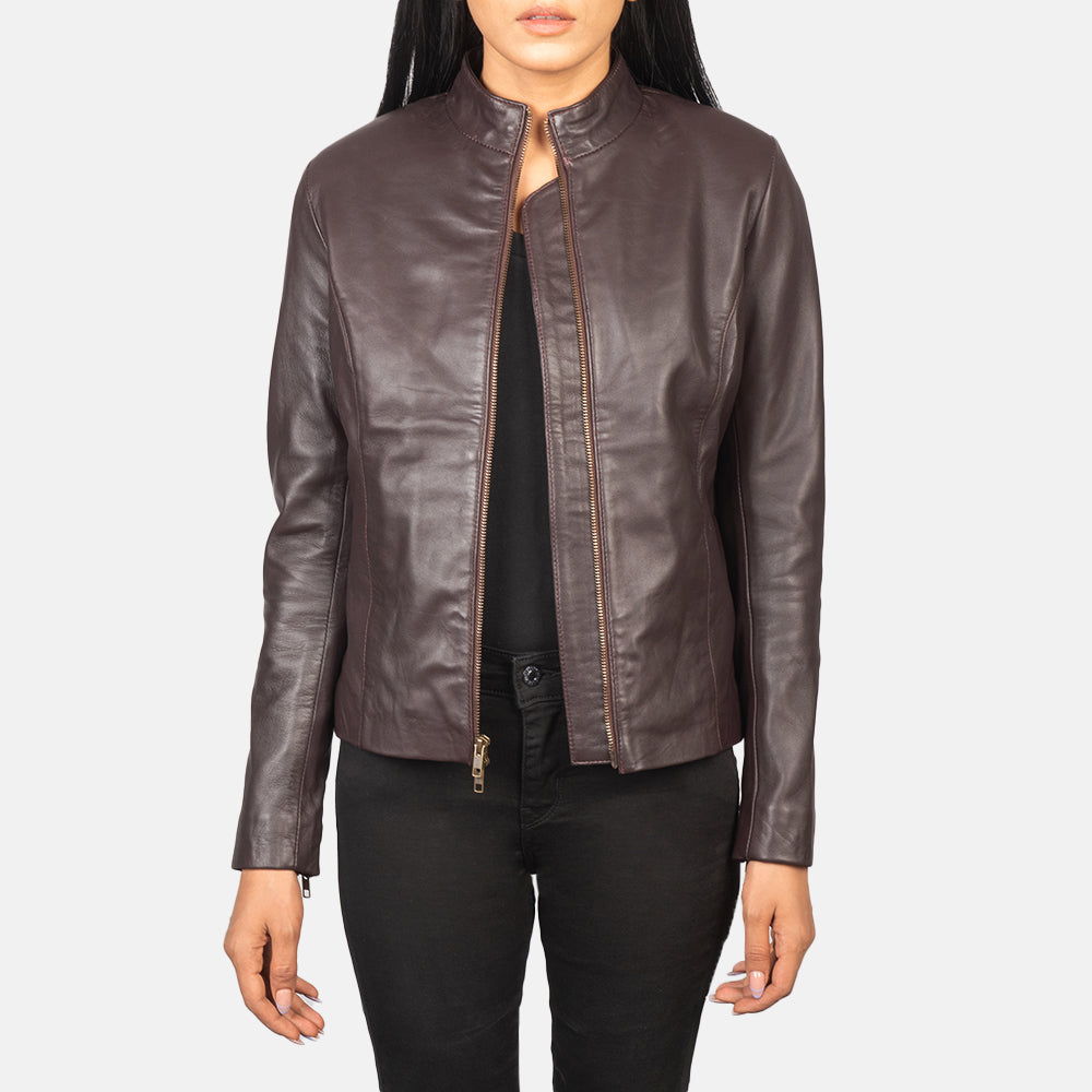 
Rumella Maroon Leather Biker Jacket in Maroon Sheepskin Leather - Vue de face & silhouette ajustée | Acheter en ligne