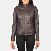 
Vue détaillée of Mandarin & Zipper with Dual Puller Hardware on Rumella Maroon Leather Biker Jacket