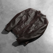 
Perspective portée de Rumella Maroon Leather Biker Jacket sur modèle - Tombé naturel à la lumière du jour