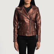 
Rumy Maroon Leather Biker Jacket in Maroon Sheepskin Leather - Vue de face & silhouette ajustée | Acheter en ligne