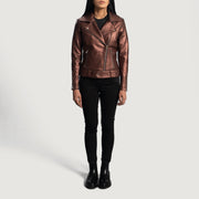 
Vue détaillée of Notch & Zipper Hardware on Rumy Maroon Leather Biker Jacket