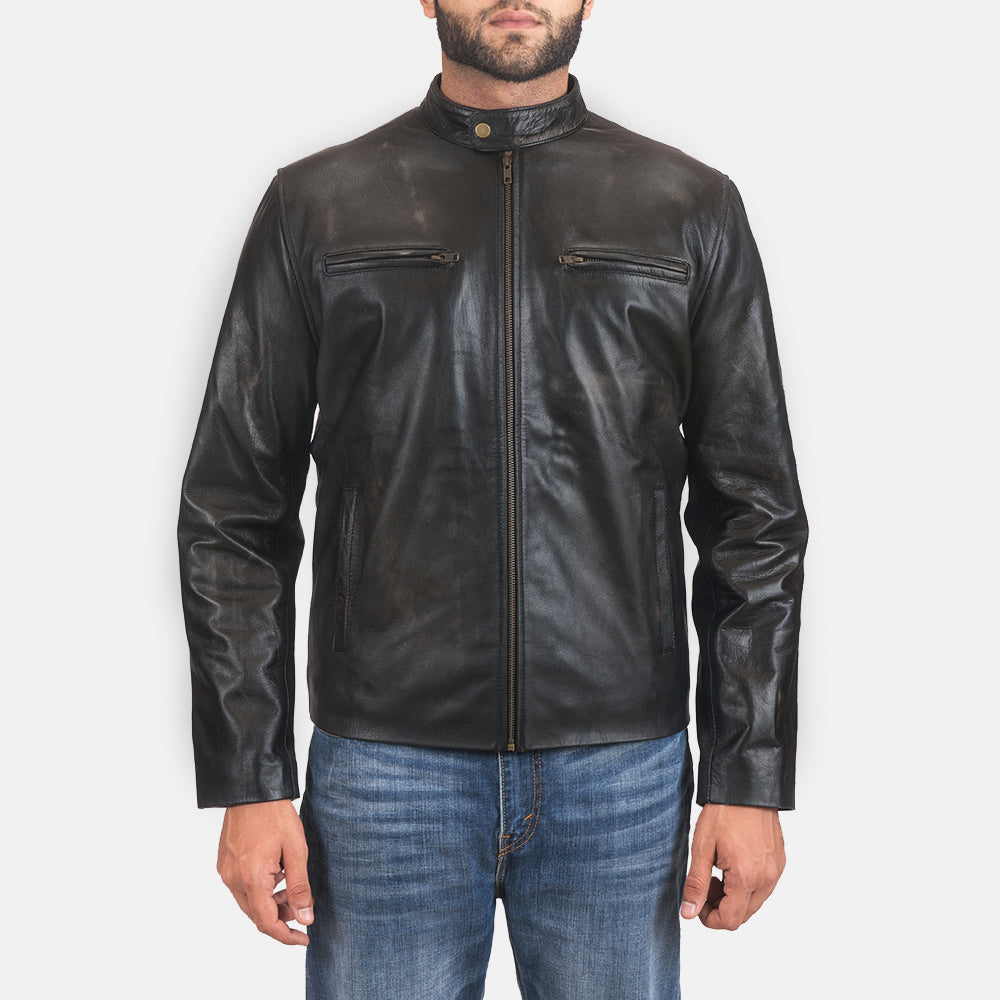 Rustic Black Leather Biker Jacket in Distressed Black Cowhide Leather - Vue de face &amp; silhouette ajustée | Acheter en ligne