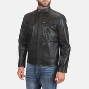 Distressed Black Cowhide Leather Biker Jacket - Vue de dos avec coupe ajustée aux épaules &amp; ourlet soigné