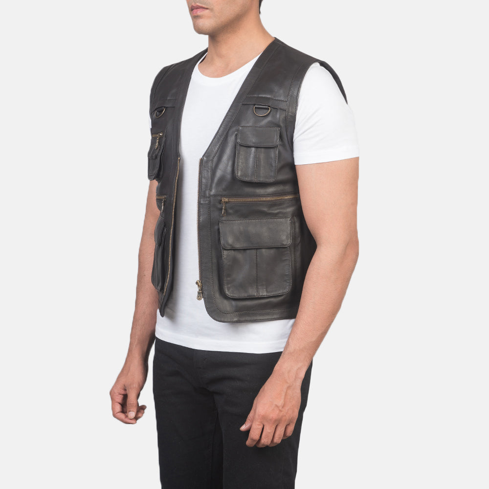 
Brown Sheepskin leather Vest - Vue arrière montrant la carrure ajustée et l'ourlet net