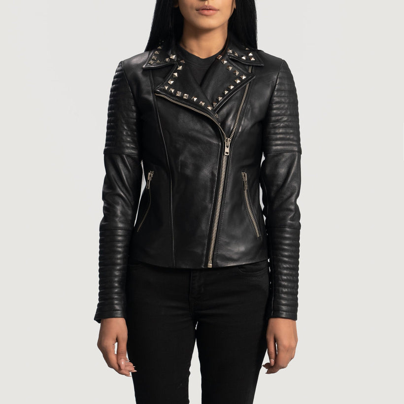 Sally Mae Studded Noir Veste Motard en Cuir pour Femme