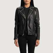 Women's Sally Mae Studded Noir Veste Motard en Cuir pour Femme - Vue de profil avec coupe de manche ergonomique