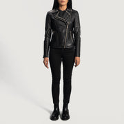 Vue détaillée of Notch &amp; Zipper Hardware on Women's Sally Mae Studded Noir Veste Motard en Cuir pour Femme