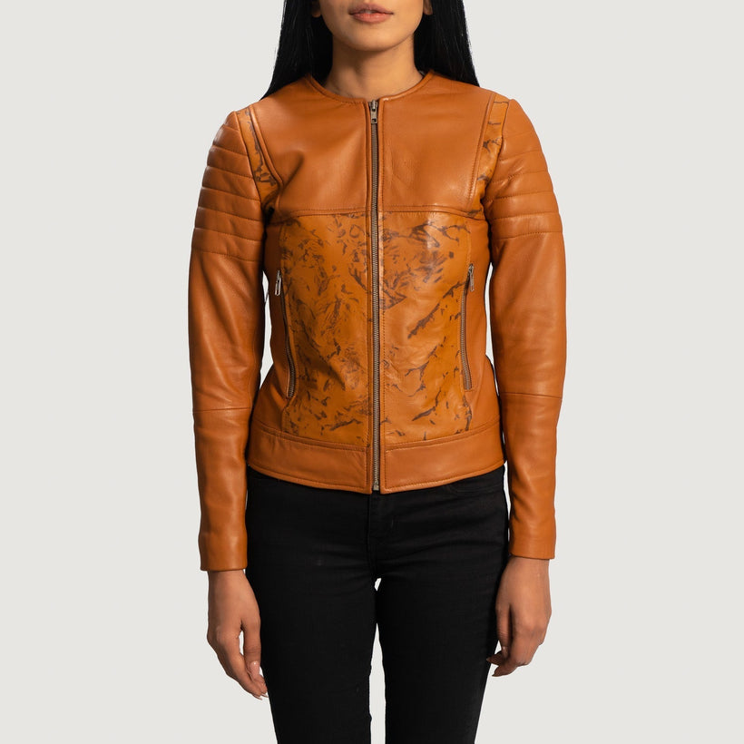 Sandy Camel Dye Veste Motard en Cuir pour Femme