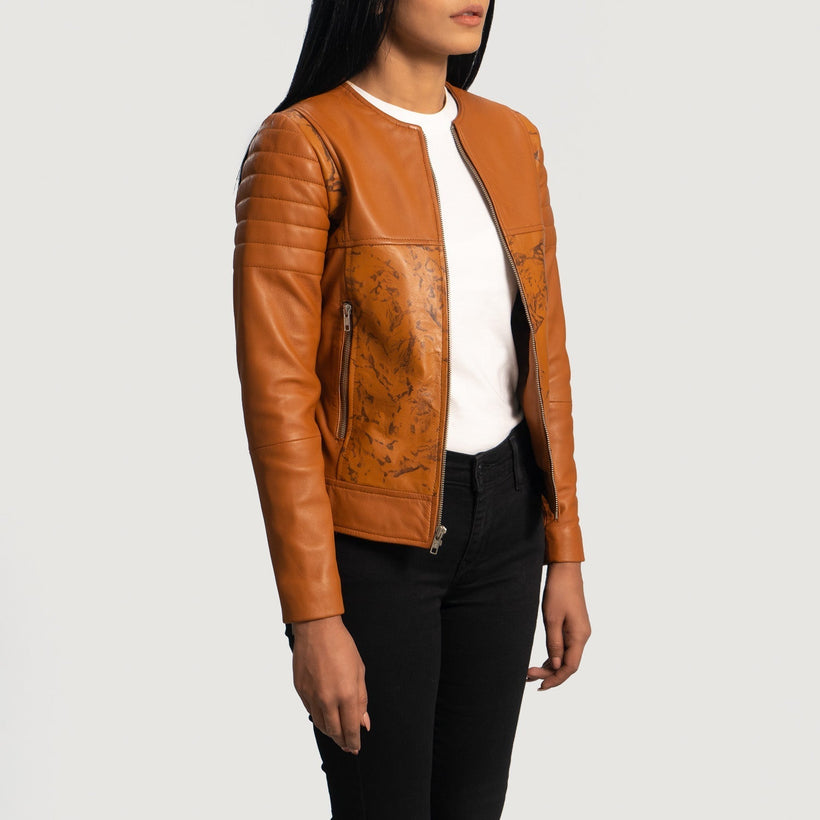 Sandy Camel Dye Veste Motard en Cuir pour Femme