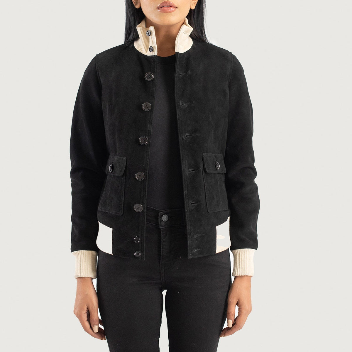 
Sasha A1 Black Suede Bomber Jacket in Black Goatskin Suede - Vue de face & silhouette ajustée | Acheter en ligne