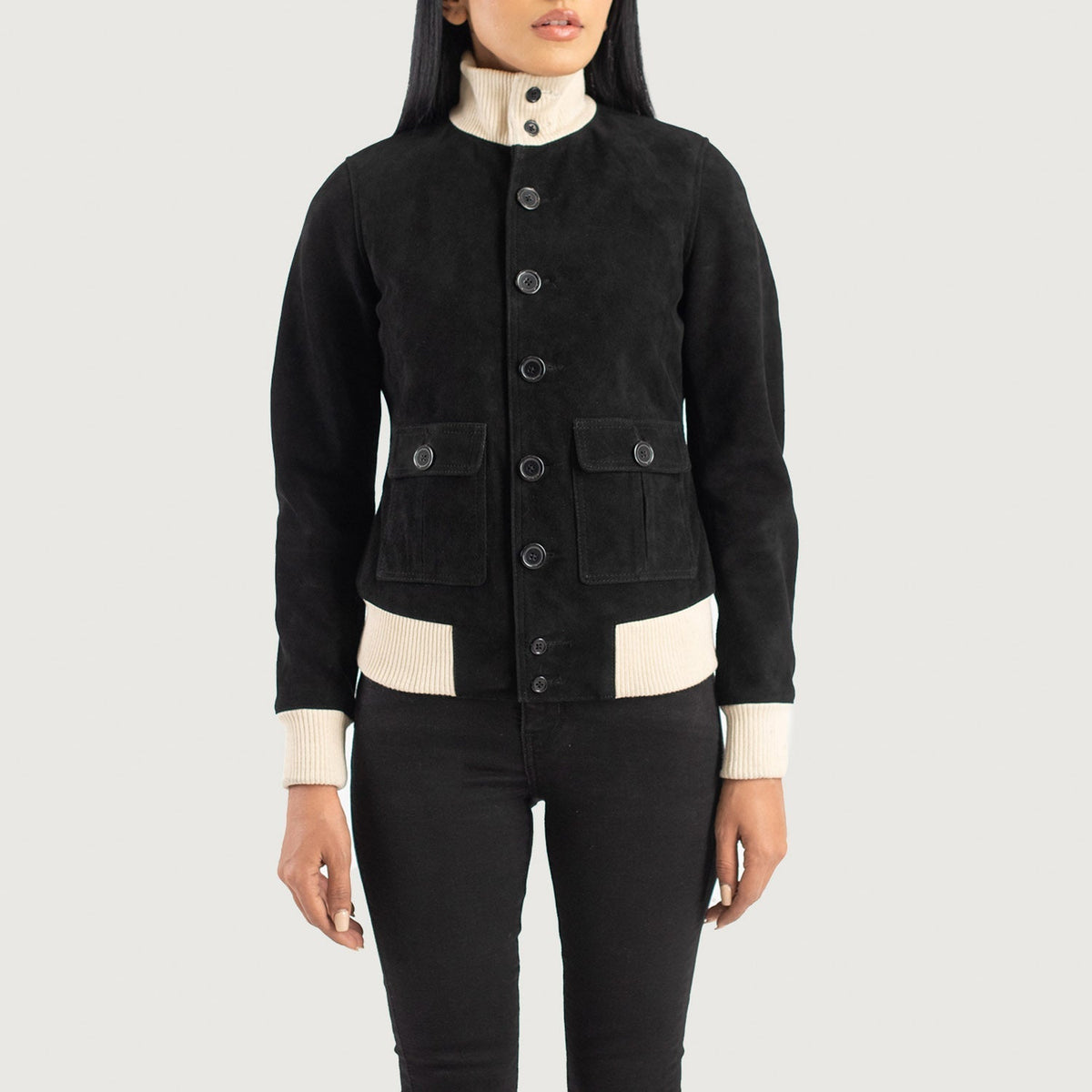 
Vue détaillée of Knit Rib & Buttons Hardware on Sasha A1 Black Suede Bomber Jacket