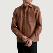 Scout Matte Brown Leather Shirt - Lateral Side Profile View Showing Sleeve Cut & Athletic Taper Fit