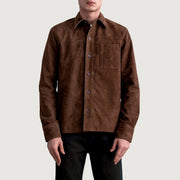 Scout Mocha Suede Leather Shirt pour Homme - Vue de profil avec coupe de manche ergonomique