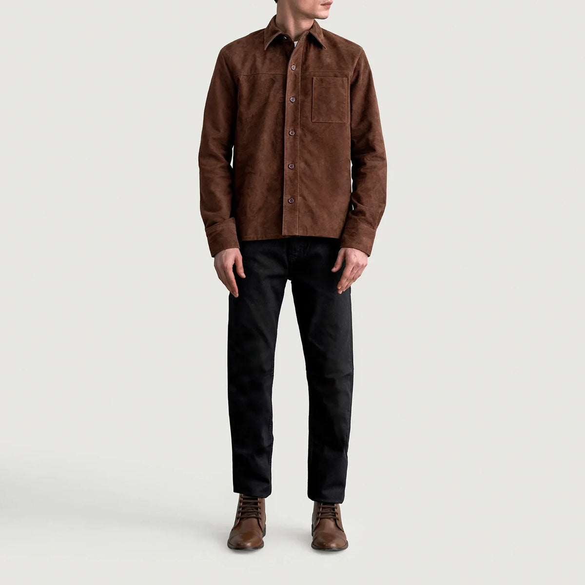 Close-Up Detail of Shirt & Buttons Hardware on Scout Mocha Suede Leather Shirt