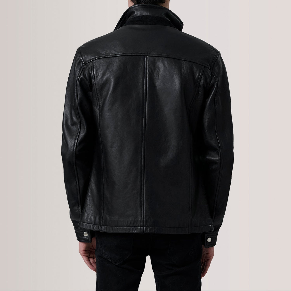 Vue détaillée of Shirt &amp; Zipper Hardware on Sean Noir Leather Classic Veste en Cuir pour Homme For Men