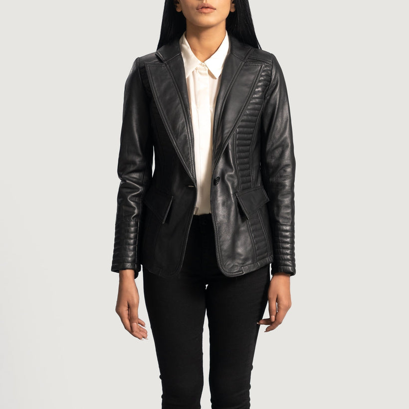 Selina Noir Blazer en Cuir en Cuir pour Femme