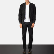 Men's Shane Noir Suede Blouson Bomber en Cuir pour Homme - Vue de profil avec coupe de manche ergonomique