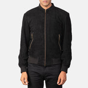 Vue détaillée of Varsity &amp; Zipper Hardware on Men's Shane Noir Suede Blouson Bomber en Cuir pour Homme