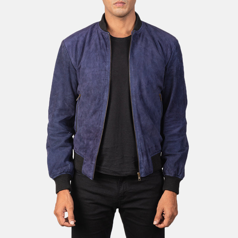 Shane Bleu Suede Blouson Bomber en Cuir pour Homme