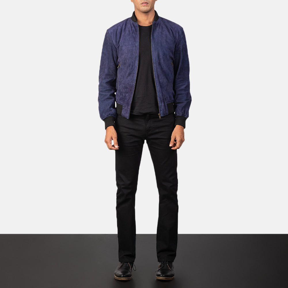Men's Shane Navy Blue Suede Bomber Jacket - Vue de profil avec coupe de manche ergonomique