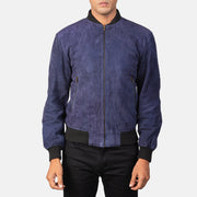 Vue détaillée of Varsity &amp; Zipper Hardware on Men's Shane Navy Blue Suede Bomber Jacket