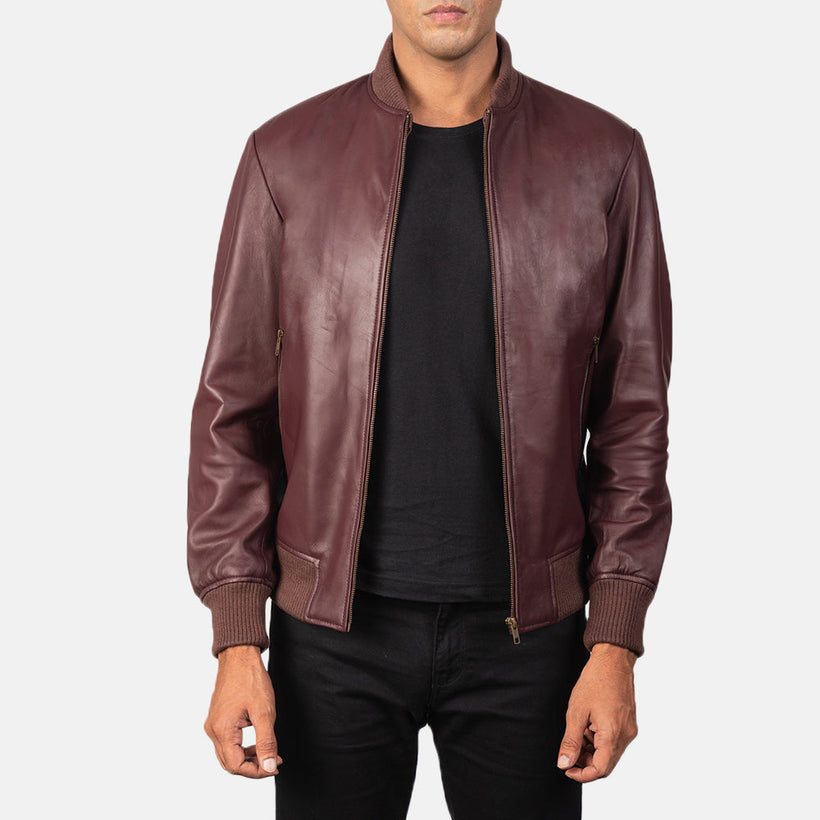 Shane Bordeaux Blouson Bomber en Cuir pour Homme