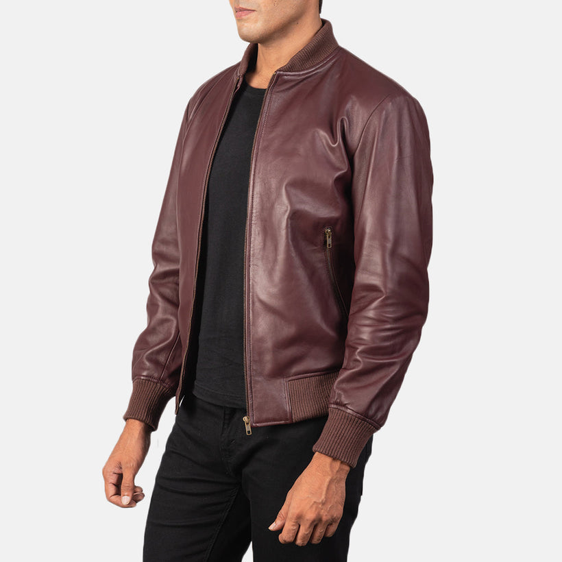 Shane Bordeaux Blouson Bomber en Cuir pour Homme