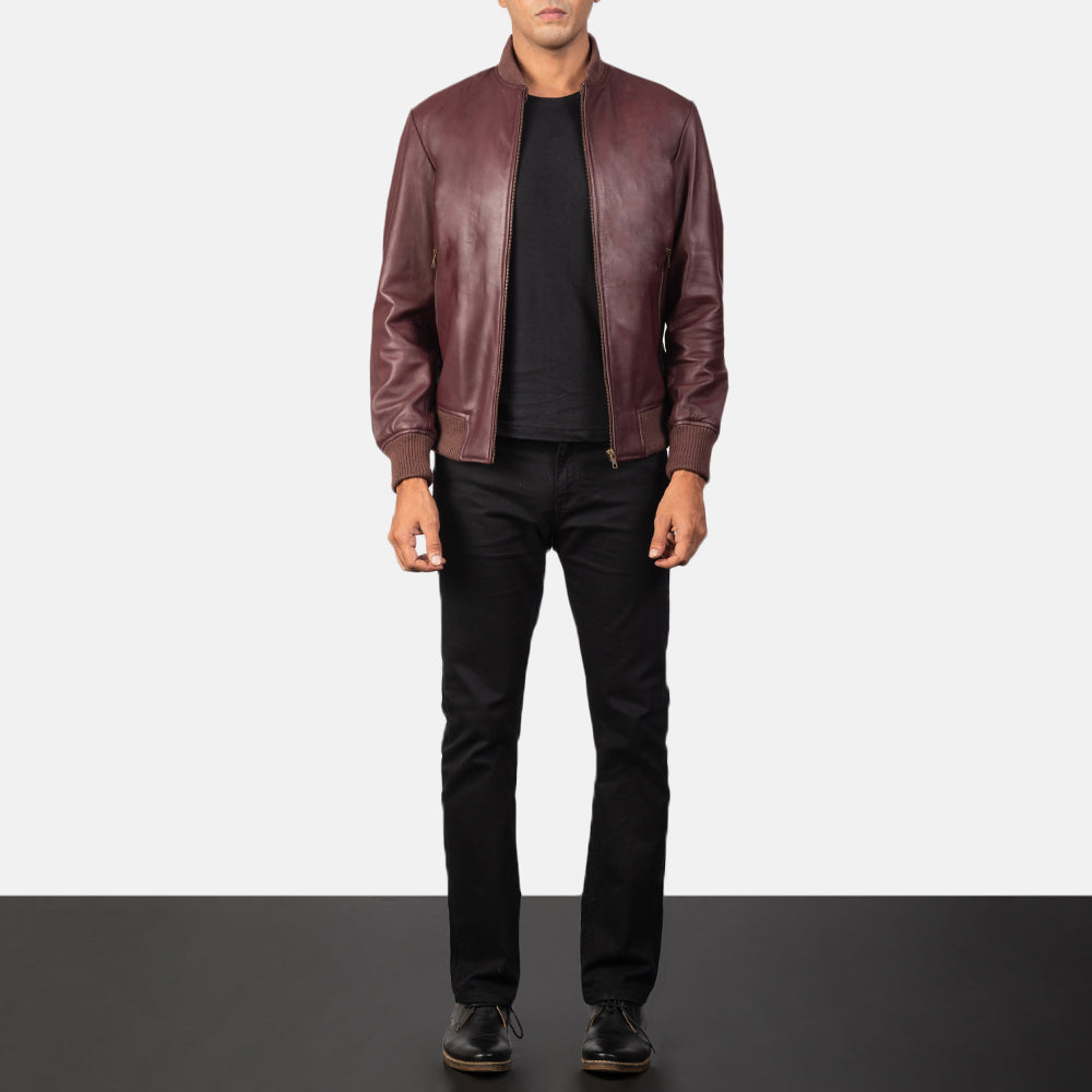 Men's Shane Bordeaux Blouson Bomber en Cuir pour Homme - Vue de profil avec coupe de manche ergonomique