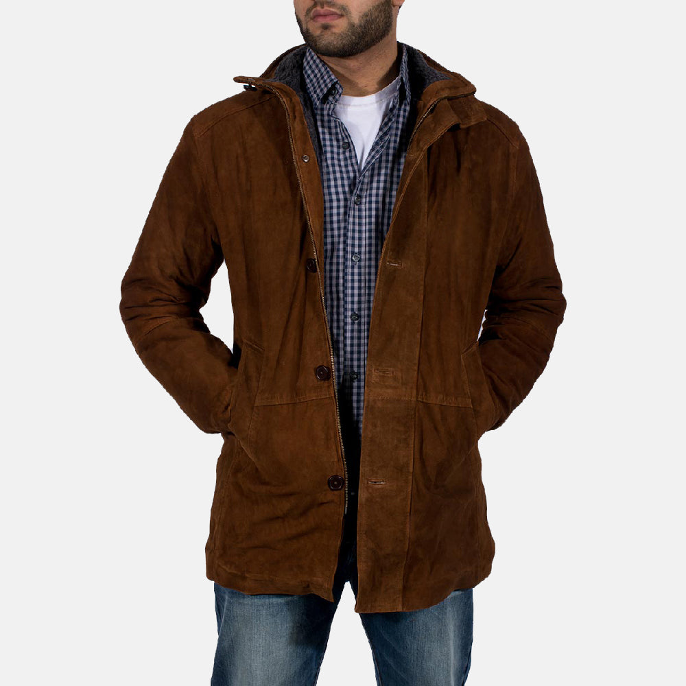 Men's Sheriff Marron Veste en Daim pour Homme in Brown Goatskin Suede - Vue de face &amp; silhouette ajustée | Acheter en ligne