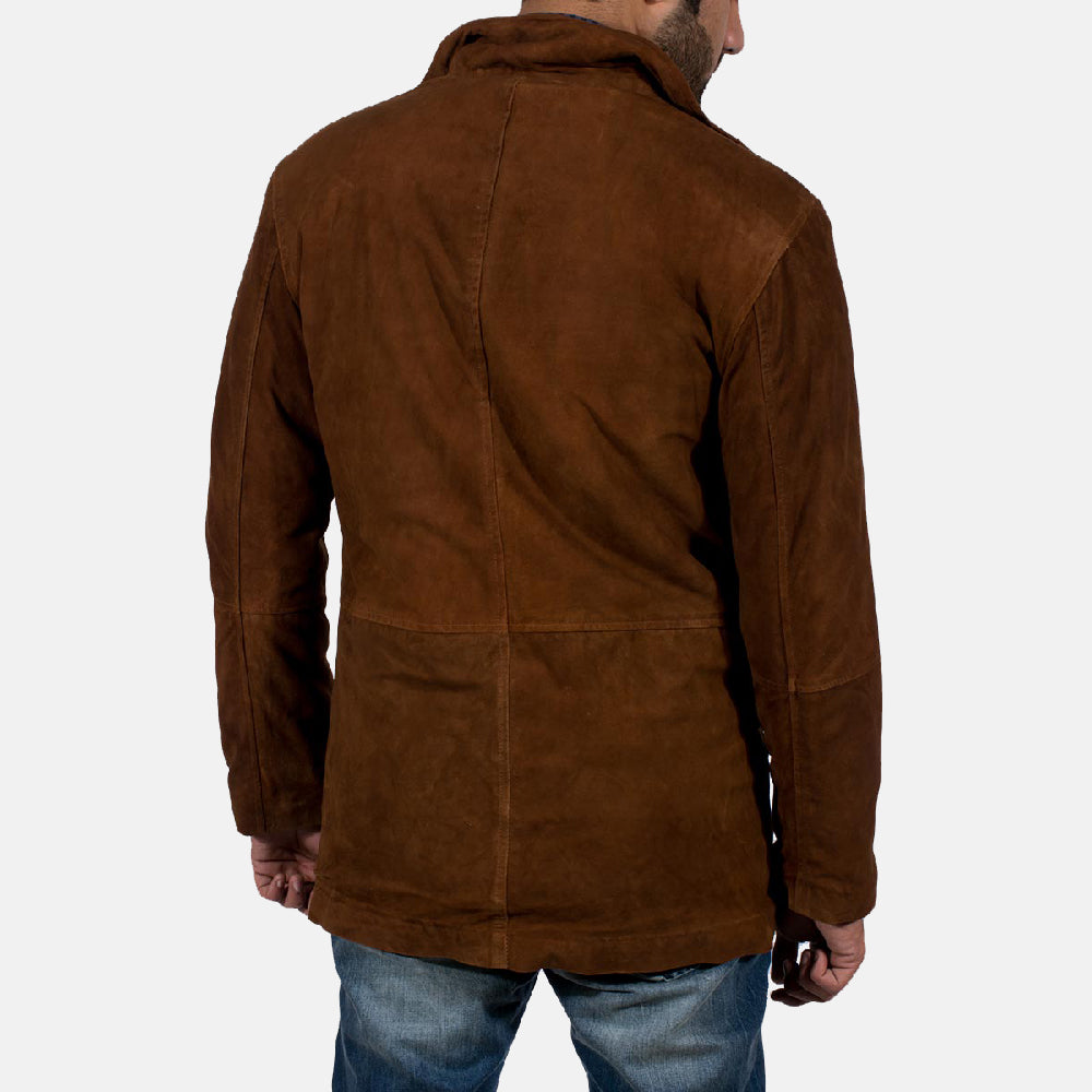 Vue détaillée of High neck &amp; Zipper with Button Flap Hardware on Men's Sheriff Marron Veste en Daim pour Homme