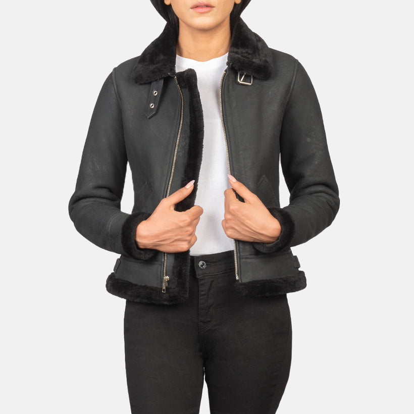 Sherilyn B-3 Noir Blouson Bomber en Cuir pour Femme