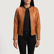 Women's Sleeky Clean Camel Veste Motard en Cuir pour Femme in Tan Brown Sheepskin Leather - Vue de face &amp; silhouette ajustée | Acheter en ligne