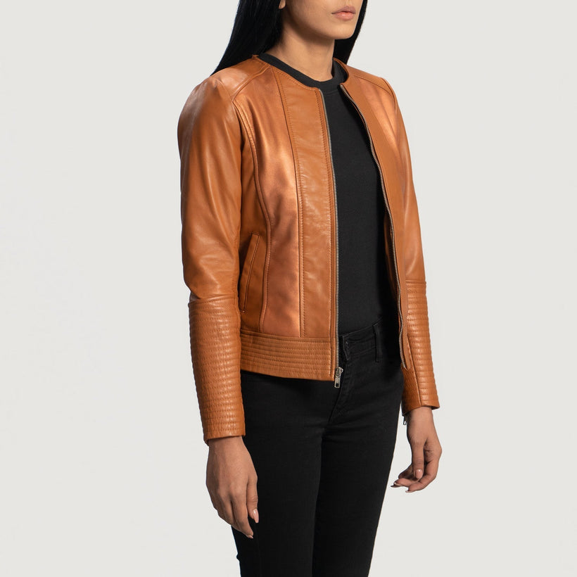 Sleeky Clean Camel Veste Motard en Cuir pour Femme
