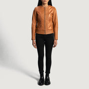 Women's Sleeky Clean Camel Veste Motard en Cuir pour Femme - Vue de profil avec coupe de manche ergonomique