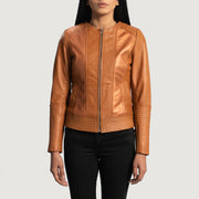 Vue détaillée of Classic Collar &amp; Zipper Hardware on Women's Sleeky Clean Camel Veste Motard en Cuir pour Femme