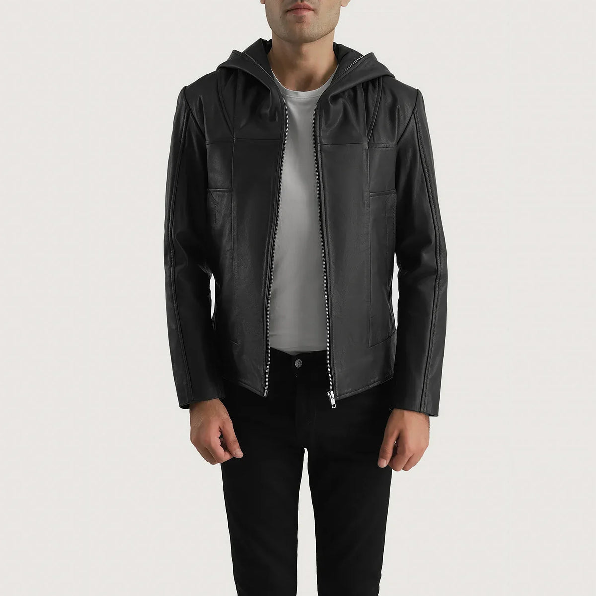 Men's Spratt Noir Hooded Veste en Cuir pour Homme in Black Goatskin Leather - Vue de face &amp; silhouette ajustée | Acheter en ligne