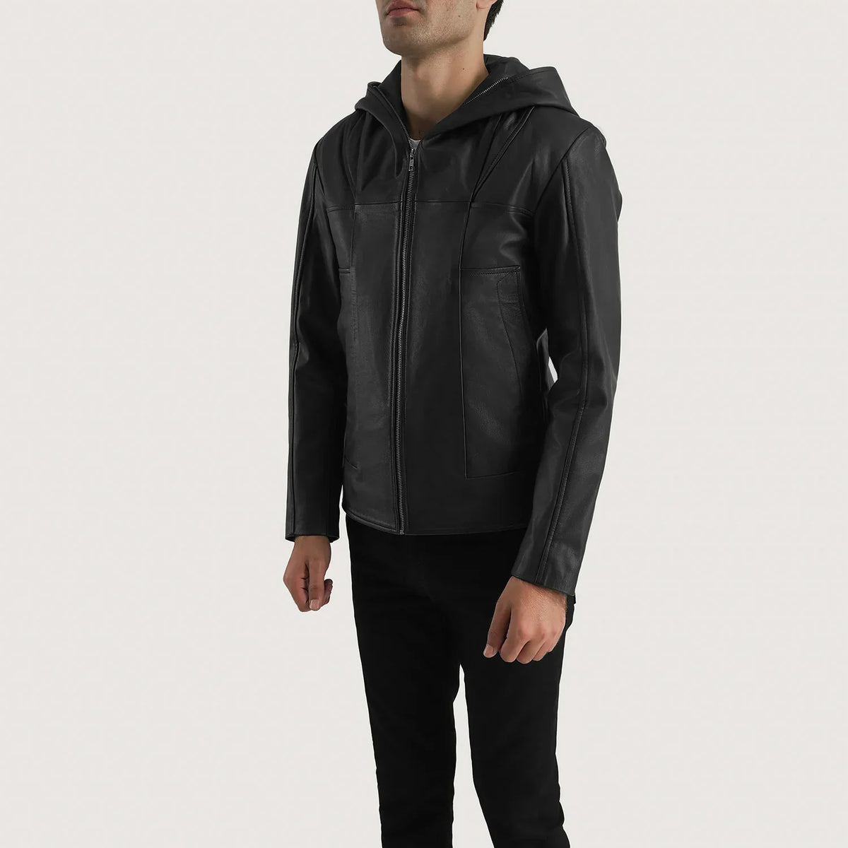 Men's Spratt Noir Hooded Veste en Cuir pour Homme - Vue de profil avec coupe de manche ergonomique