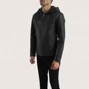 Men's Spratt Noir Hooded Veste en Cuir pour Homme - Vue de profil avec coupe de manche ergonomique