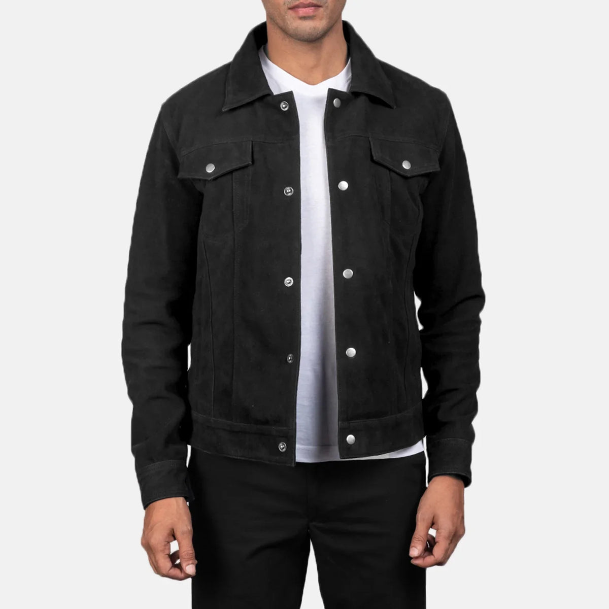 
Stallon Black Suede Jacket in Black Goatskin Suede - Vue de face & silhouette ajustée | Acheter en ligne