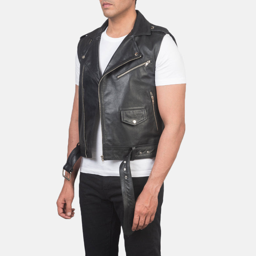 Sullivan Noir Leather Biker Vest pour Homme