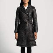 Women's Sweet Susan Black Leather Trench Coat in Black Sheepskin Leather - Front Profile View & Tailored Silhouette | Buy Online