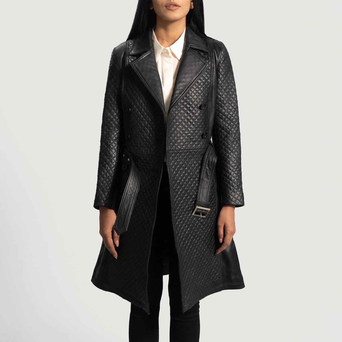 Close-Up Detail of Notch & Button & waist belt Hardware on Women's Sweet Susan Black Leather Trench Coat