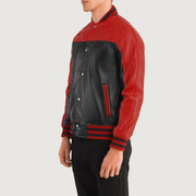 Styled Fit Perspective of Terrance Black &amp; Red Leather Varsity Jacket on Model - Natural Daylight Drape