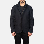Vue détaillée of Nehru &amp; Zipper with Dual Puller Hardware on Men's Thomas Noir Wool Veste en Cuir pour Homme