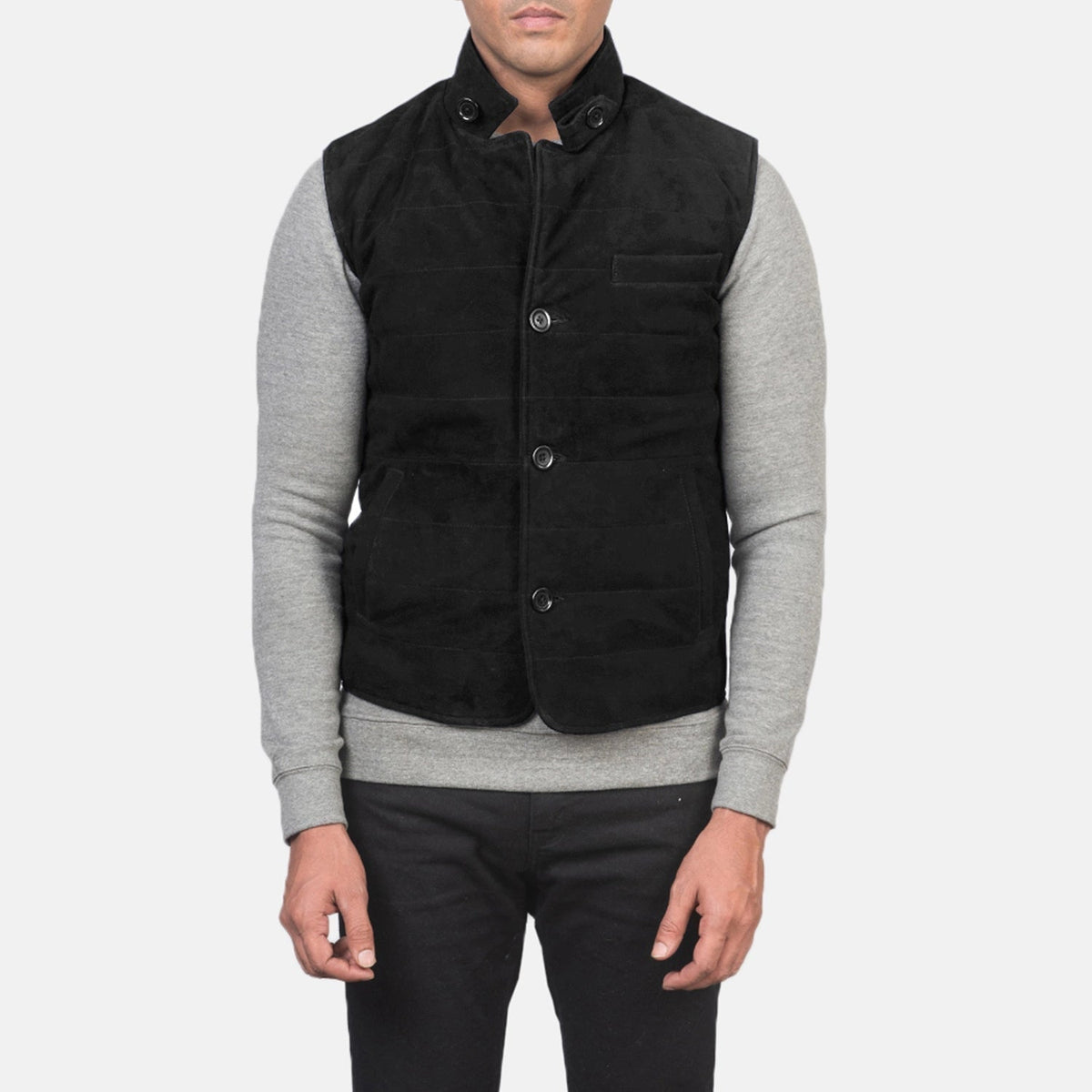Vue détaillée of Notch with removable throat latch &amp; Button Hardware on Men's Tony Noir Suede Vest pour Homme