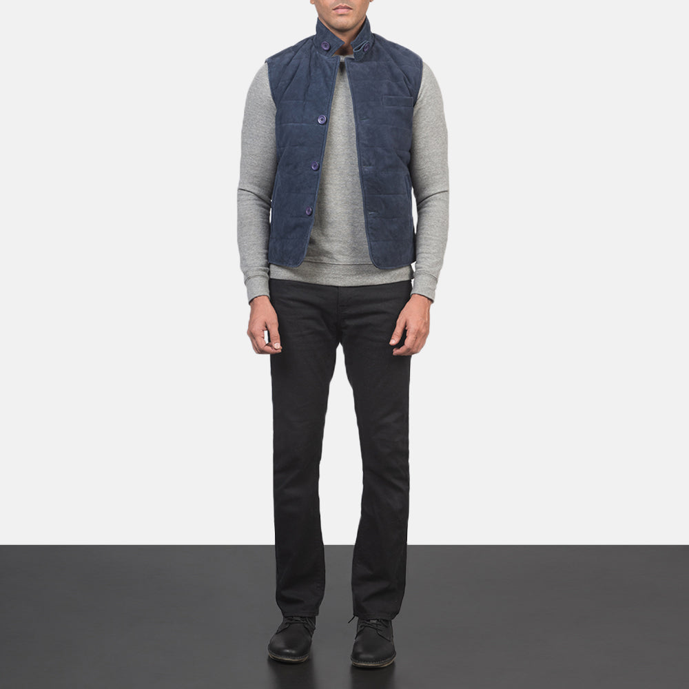 Men's Tony Bleu Suede Vest pour Homme - Vue de profil avec coupe de manche ergonomique