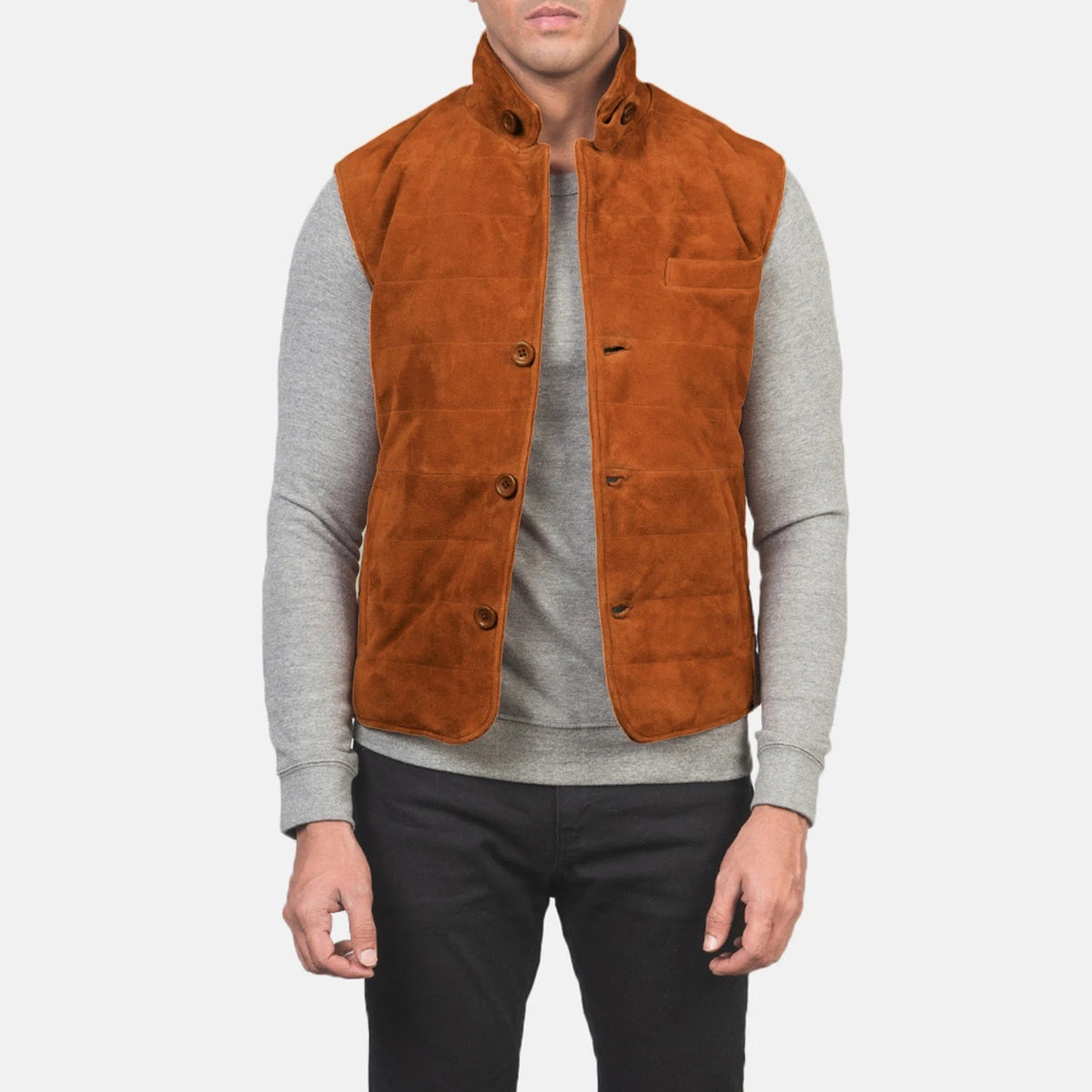 
Tony Marron Suede Vest pour Homme in Brown Goatskin Suede - Vue de face & silhouette ajustée | Acheter en ligne