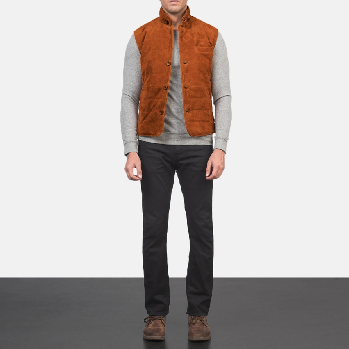 
Tony Marron Suede Vest pour Homme - Vue de profil mettant en valeur la coupe de manche ergonomique